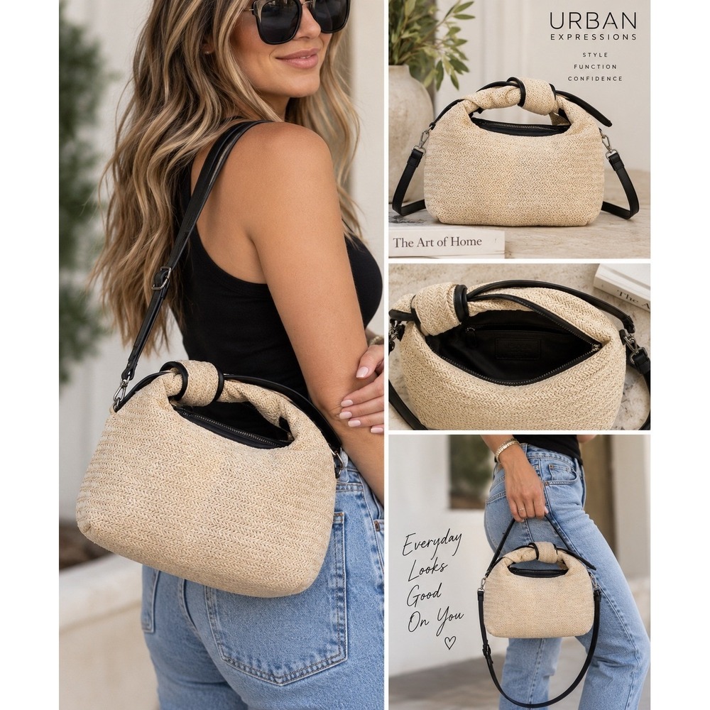Urban Expressions Natural Woven Straw Knot Handle Crossbody Bag 34378D NWT